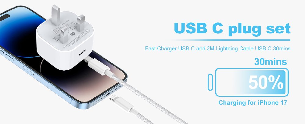Text reads 'USB C plug set'. Product image shows blue electronic device or adapter with technical specifications indicating 30mm measurement.